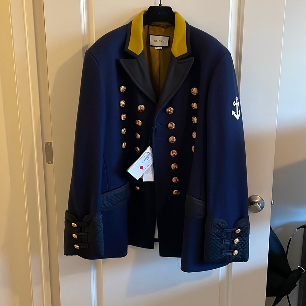 BNWT Gucci Wool Double Breasted Military Coat - IT size 48 Navy w/ Gold Buttons